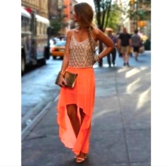 Express Sheer High Low Neon Orange Skirt Sz Small - Picture 3 of 8